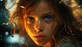 One wet portrait of a cute Caucasian girl looking at camera generated by AI photo