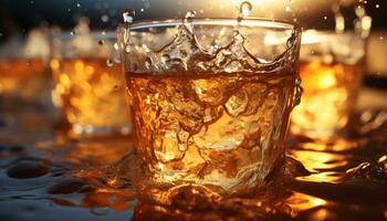 Whiskey pouring, glass splashing, ice cube, refreshing liquid celebration generated by AI photo