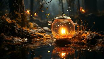 Flame illuminates night, fire natural heat, lantern glowing reflection generated by AI photo