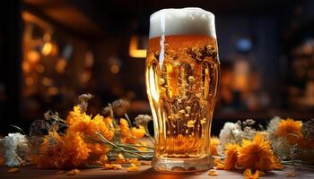 Freshness in a frothy drink, a pint glass of golden beer generated by AI photo