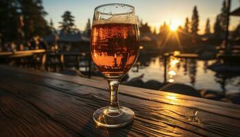 Sunset over the water, drinking wine on a wooden table outdoors generated by AI photo