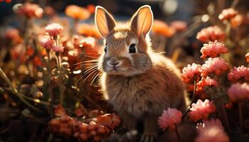 Cute fluffy rabbit sitting in the grass, surrounded by flowers generated by AI photo