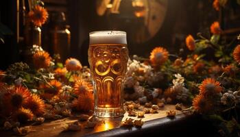 cerveza vaso en de madera mesa, espumoso beber, dorado líquido, refrescante celebracion generado por ai foto