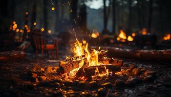 brillante hoguera ilumina oscuro bosque, Proporcionar calor y relajación generado por ai foto