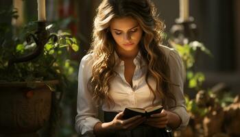 One young woman reading outdoors, smiling, holding a book generated by AI photo