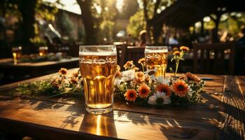 Fresco cerveza en un vaso, disfrutando naturaleza a un al aire libre pub generado por ai foto