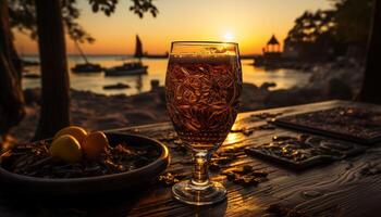 Sunset drink on table, alcohol, dusk outdoors, wood material, nature summer generated by AI photo