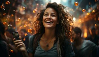 Smiling young woman enjoys nightlife, laughter and carefree city life generated by AI photo