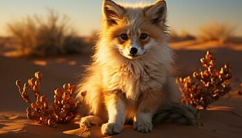 Cute puppy sitting on grass, looking at camera in sunlight generated by AI photo