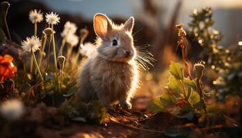 linda pequeño Conejo sentado en césped, disfrutando el al aire libre generado por ai foto