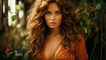 Young woman with long brown curly hair, looking at camera generated by AI photo