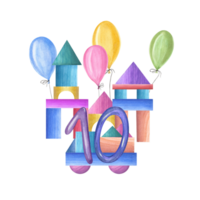 Multicolored Towers and truck made of blocks, wooden building bricks, number 10, yellow, red, green, blue balloons. Wooden Toys. Watercolor illustration. Composition for children birthday, party png