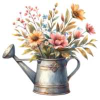 Generated ai, Watercolor vintage watering can with flowers. Hand painted illustration. png