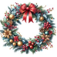 Generated ai, Watercolor Christmas wreath with holly, mistletoe, pine cones and berries. png