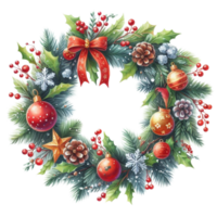 Generated ai, Watercolor Christmas wreath with holly, mistletoe, pine cones and berries. Hand painted. png