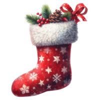 generiert ai, Weihnachten Socke mit Schneeflocken und rot Schleife. png