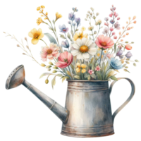 Generated ai, Watercolor vintage watering can with flowers. Hand painted illustration. png