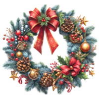 Generated ai, Watercolor Christmas wreath with holly, mistletoe, pine cones and berries. Hand painted illustration. png