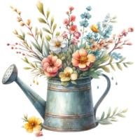 Generated ai, Watercolor vintage watering can with flowers. Hand painted illustration. png