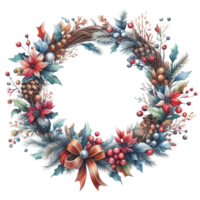 Generated ai, Watercolor Christmas wreath with holly, mistletoe, pine cones and berries. Hand painted illustration. png