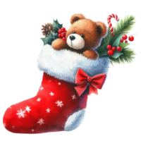 gegenereerd ai, Kerstmis sok met sneeuwvlokken en rood lintje. png