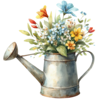 Generated ai, Watercolor vintage watering can with flowers. Hand painted illustration. png