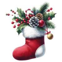 generiert ai, Weihnachten Socke mit Schneeflocken und rot Schleife. png