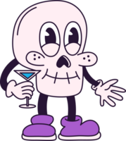 Spooky skull vintage toons, funny character, trendy classic retro cartoon style. Happy Halloween. Contour illustration isolated on transparent background. png