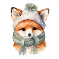 Fox Wearing Winter Clothes For Christmas Event. Watercolor Style. AI Generated png