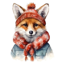 Fox Wearing Winter Clothes For Christmas Event. Watercolor Style. AI Generated png