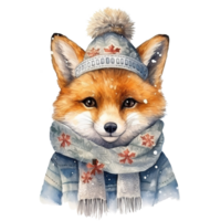 Fox Wearing Winter Clothes For Christmas Event. Watercolor Style. AI Generated png