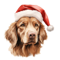 Dog Wearing Santa Hat For Christmas Event. Watercolor Style. AI Generated png