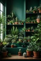 un habitación lleno con en conserva plantas y cactus ai generado foto