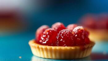 Freshly baked homemade berry tart on a wooden table, indulgent dessert generated by AI photo