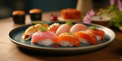 Fresco Mariscos en un lámina, Sushi rollos, sano japonés almuerzo generado por ai foto