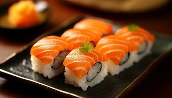 Fresh seafood meal, a gourmet plate of sashimi and maki sushi generated by AI photo