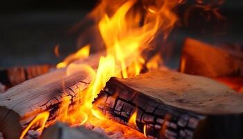 Flame ignites wood, creating a glowing bonfire in nature inferno generated by AI photo