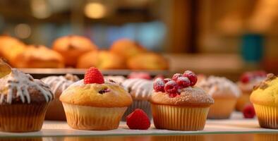 Freshly baked homemade muffins, a sweet and colorful indulgence generated by AI photo