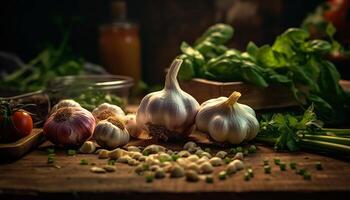 Fresh organic garlic, a healthy vegetarian ingredient for gourmet cooking generated by AI photo