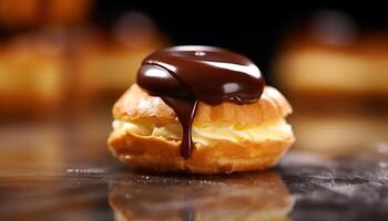 Freshly baked homemade chocolate eclair on rustic wooden table generated by AI photo