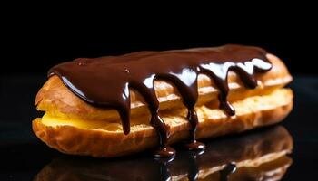 recién horneado chocolate eclair en un lámina, tentador y indulgente generado por ai foto