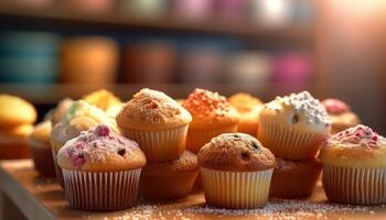 Freshly baked muffins and cupcakes on a colorful dessert table generated by AI photo