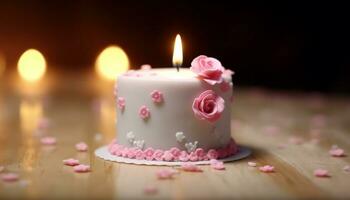 un brillante vela ilumina un rosado cumpleaños pastel con elegancia generado por ai foto