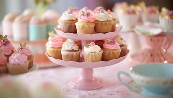 Pink cupcake with gourmet icing, decorated with multi colored flowers generated by AI photo