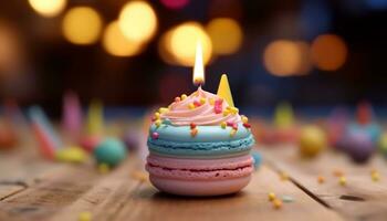 un dulce gastrónomo cumpleaños pastel con vistoso decoraciones y velas generado por ai foto