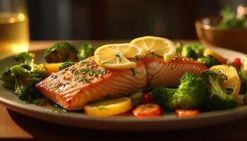 Grilled salmon fillet with lemon, salad, and fresh vegetables generated by AI photo