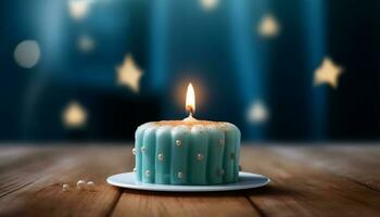 Burning candle illuminates birthday cake, symbolizing celebration and love generated by AI photo