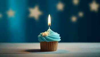 Celebration cupcake with candle, dessert, birthday, icing, flame, decoration generated by AI photo