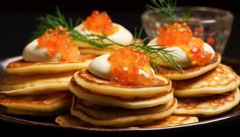 frescura y gastrónomo apilar de hecho en casa panqueques con Mariscos blini generado por ai foto