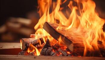 Glowing bonfire burns wood, creating a warm and comfortable atmosphere generated by AI photo